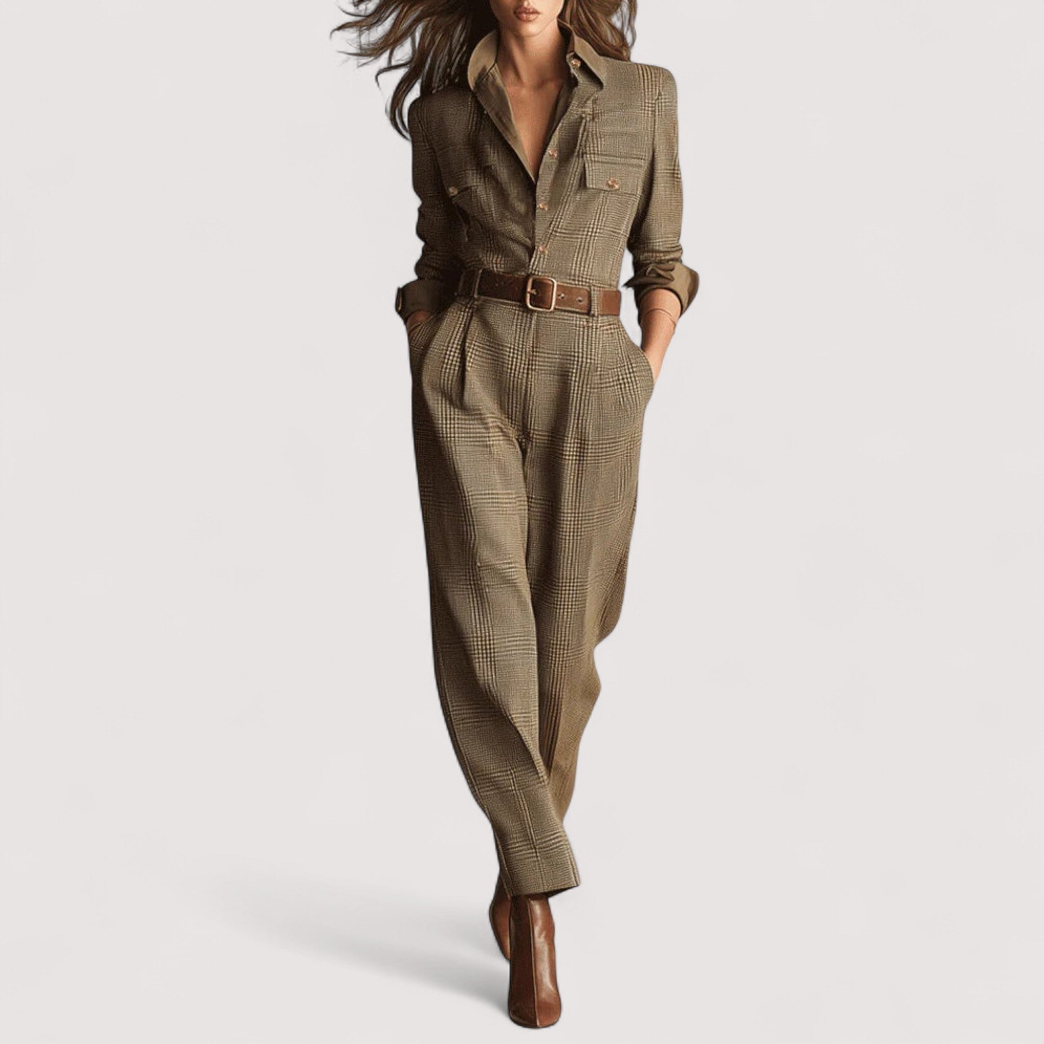 Ailina™ | Élégant et raffiné costume de travail en tweed à motif écossais marron