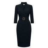 Nora | Robe noire raffinée avec ceinture et col montant